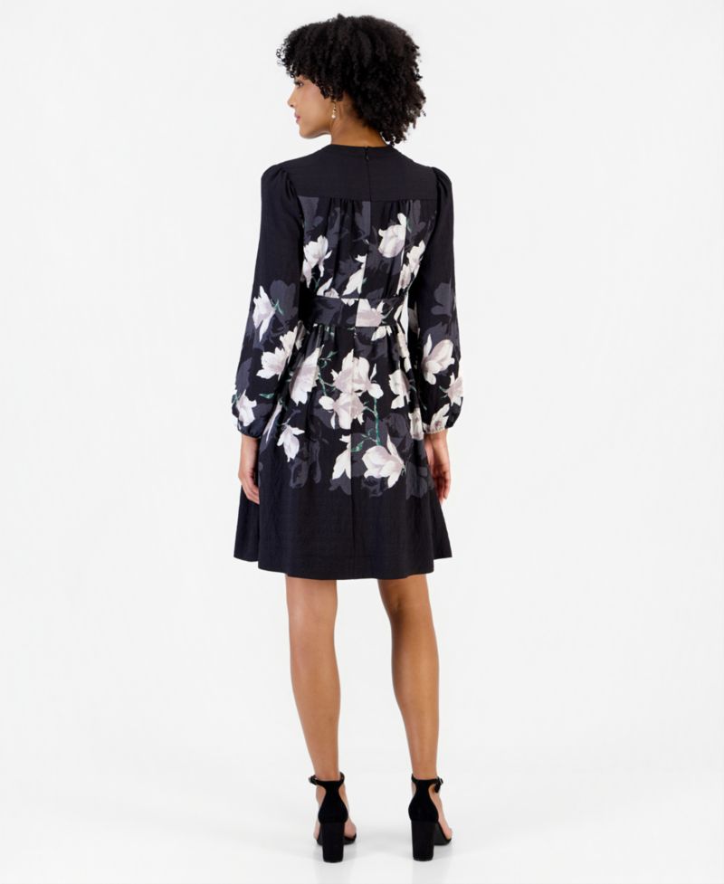 Women's Long-Sleeve V-Neck Floral-Print Shirt Dress