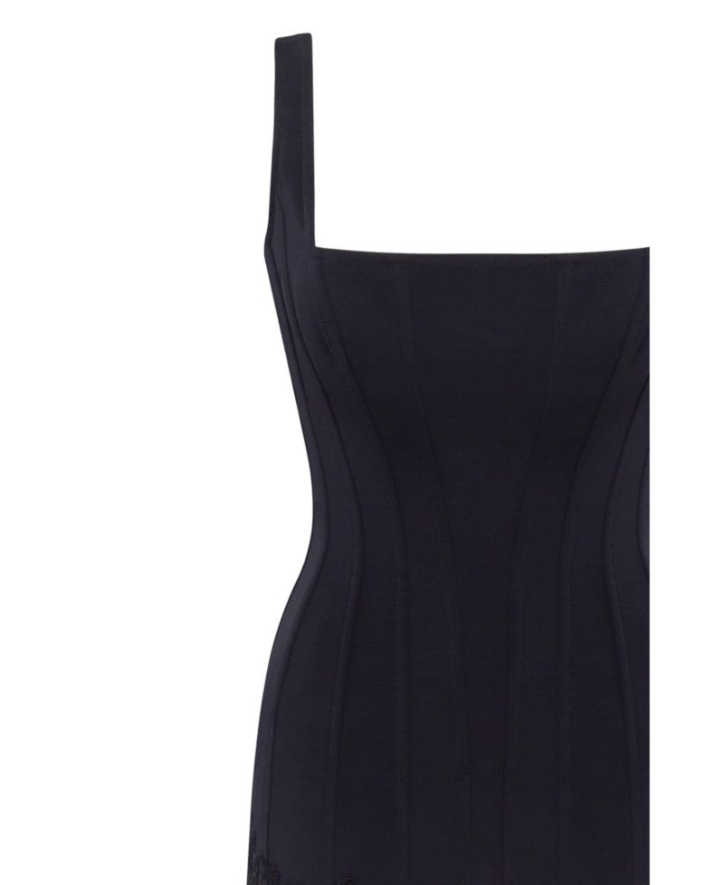 Womens Sultry Black Corset Mini Dress With Lace Hem