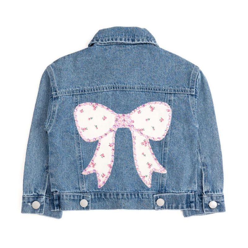 Big Girls Pearl and Gemstone Floral Bow Patch Denim Jacket