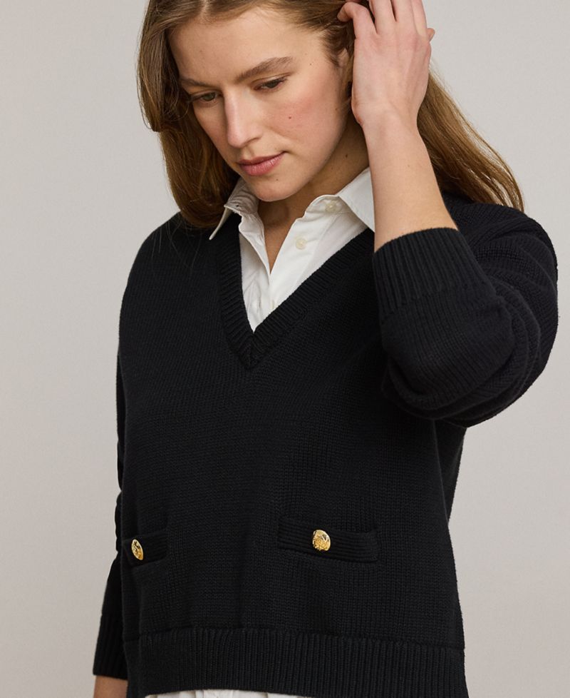 Petite Layered Button-Trim Cotton Sweater