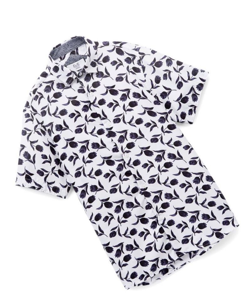 Big Boys Blue Floral Button-Down Slim Fit Short Sleeve Shirt