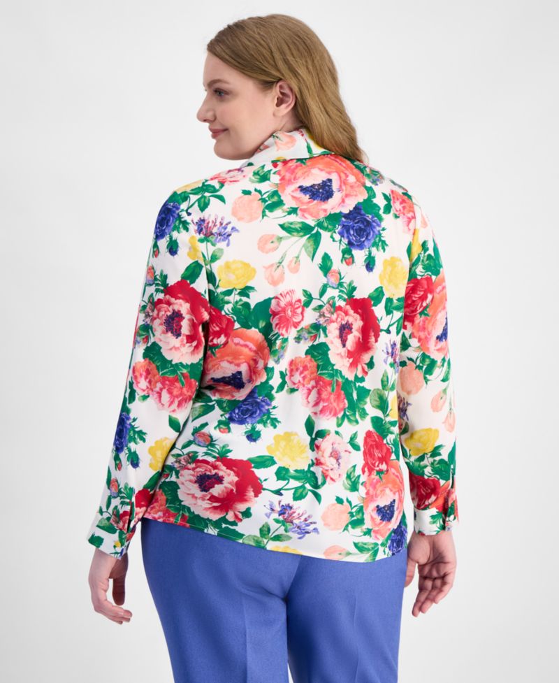 ASL Plus Size Floral Print Tie-Neck Blouse