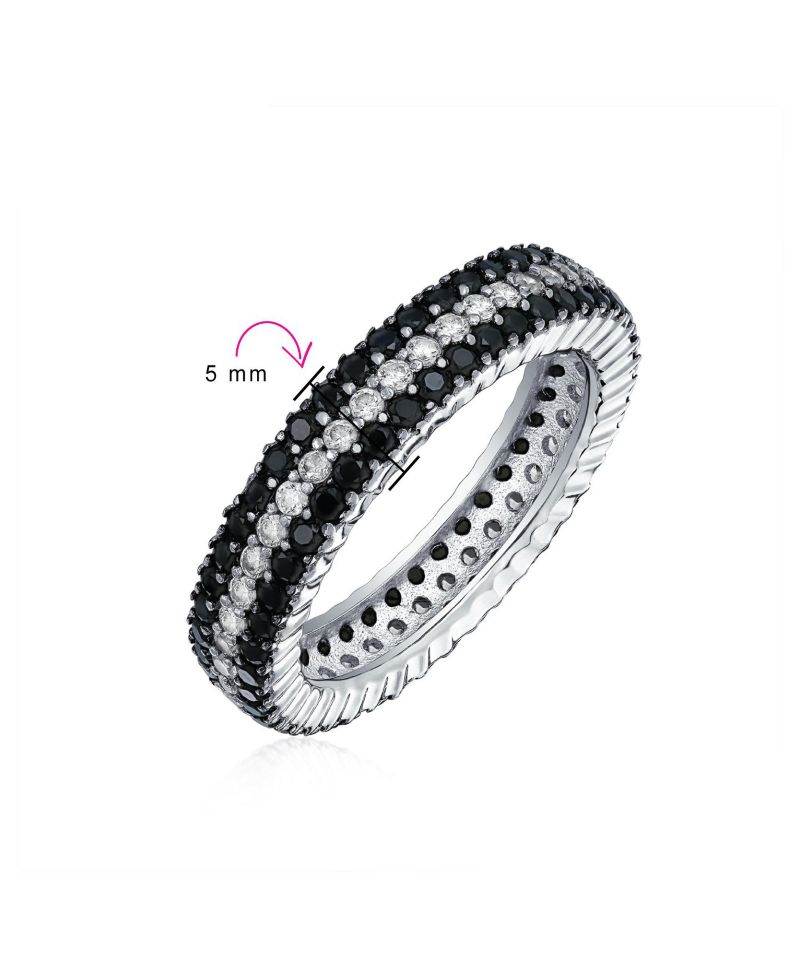 Cubic Zirconia 3 Row Pave Stripe CZ Statement Black and White Eternity Band Ring .925 Sterling Silver