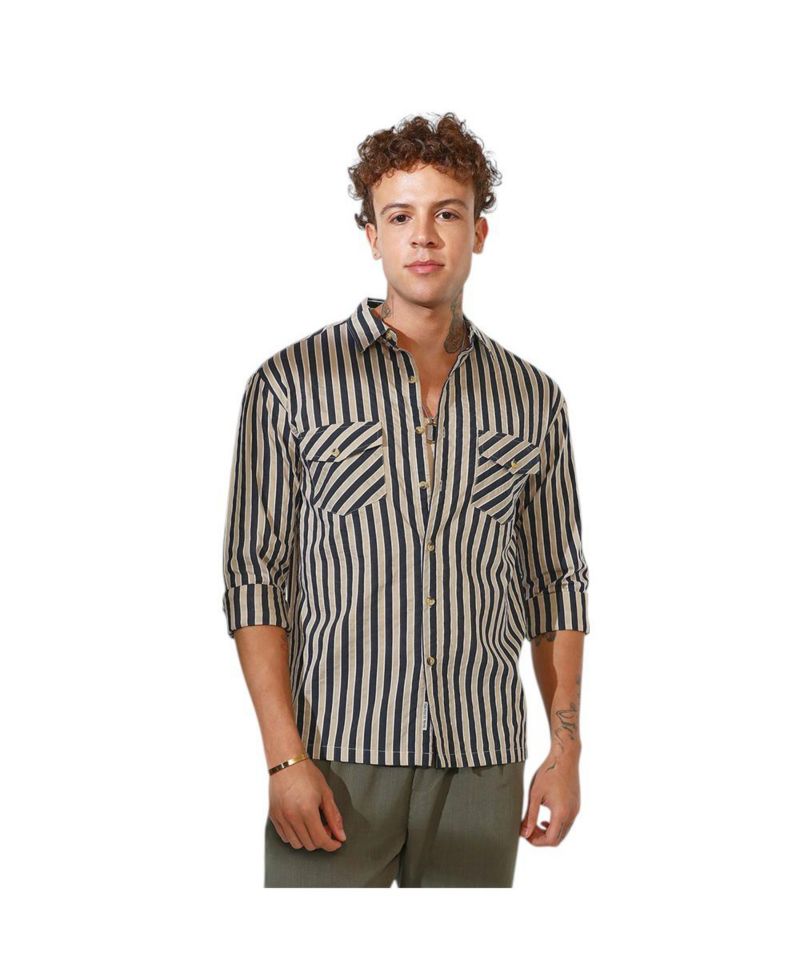 Men's Navy Blue & Khaki Beige Candy Striped Oversized Shirt
