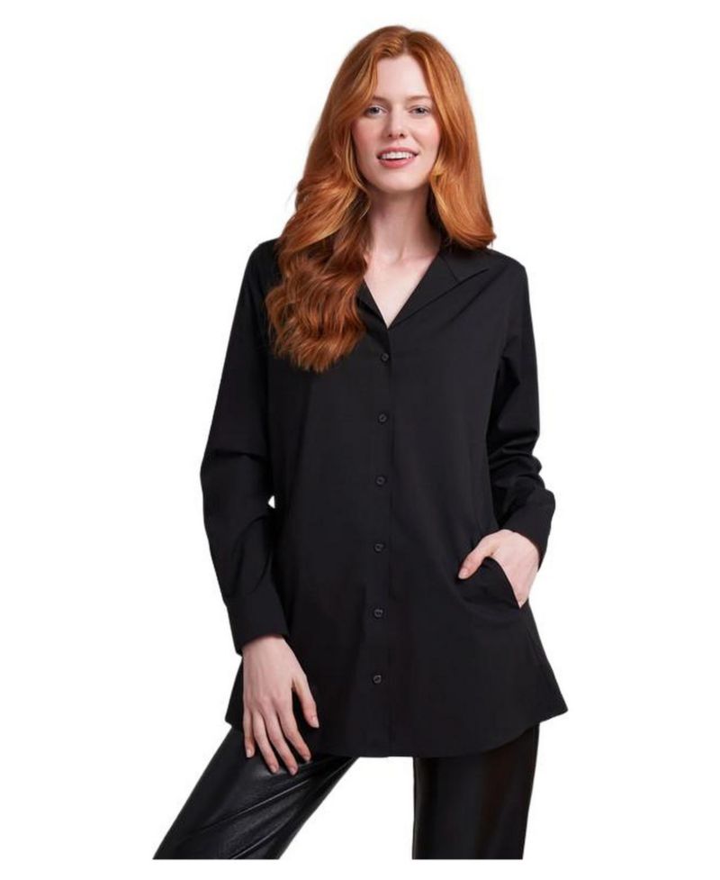 Women's Charlotte Long Button Front Peplum Low Iron Blouse with Popped Collar