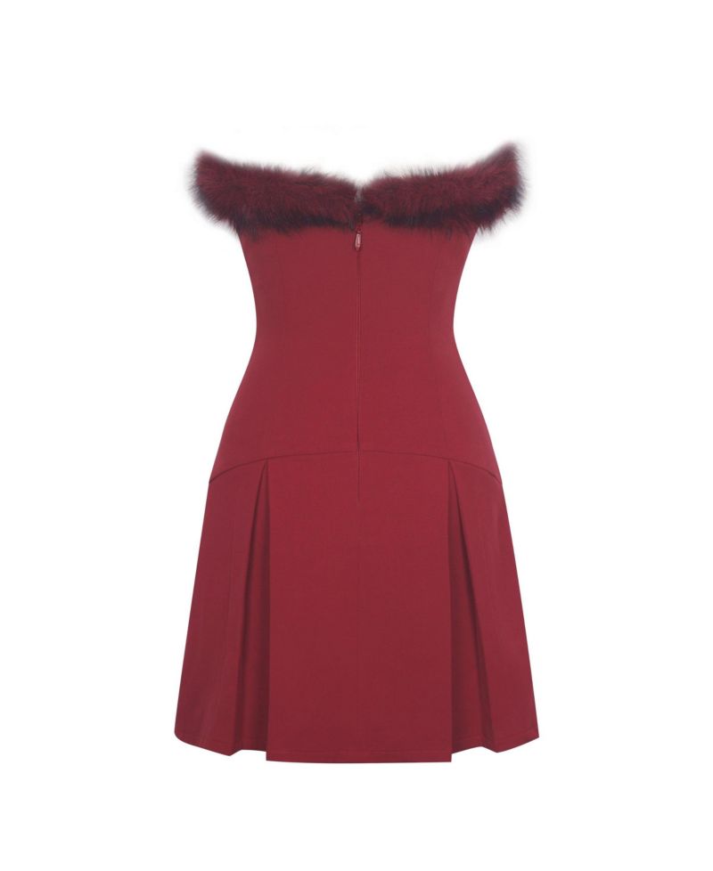 Women's Nalia Crimson Fur Trimmed Sweetheart Mini Dress