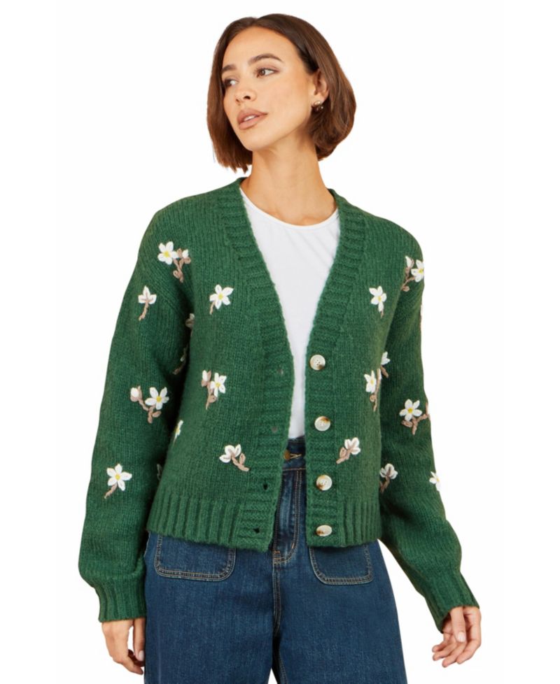 Women's Hand-Embroidered Chunky Knit Floral Cardigan