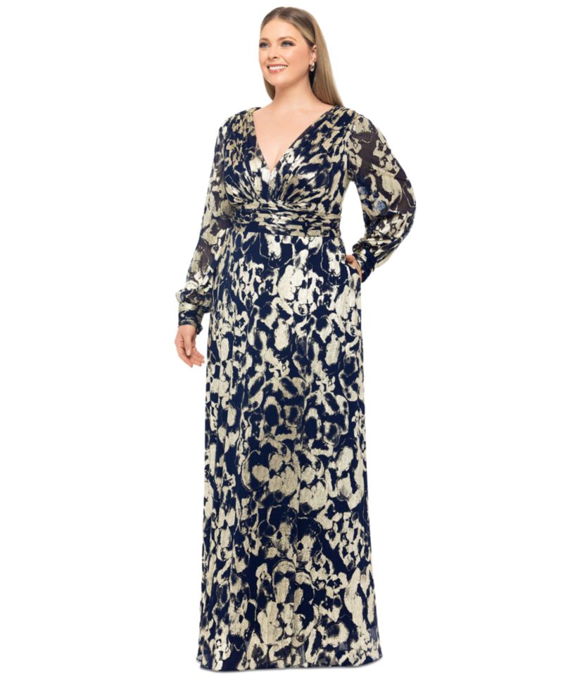 Plus Size V-Neck Foil Mesh A-Line Dress