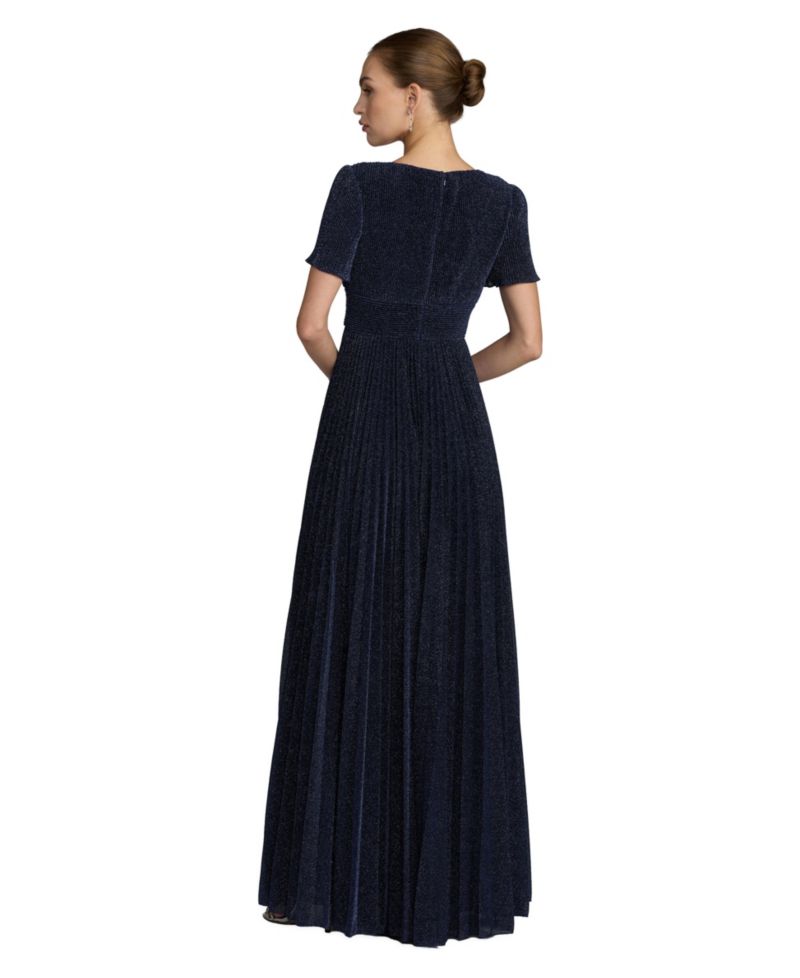 Women's Pleated Metallic Flutter Sleeve A Line Gown