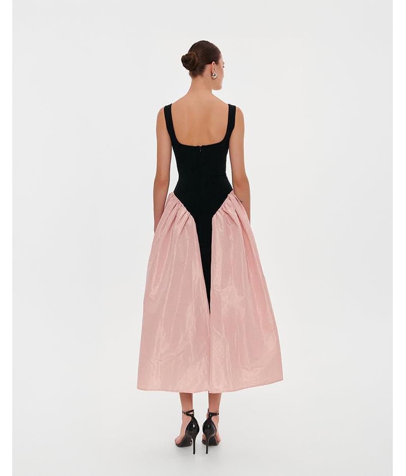 Women's Corset Dress On Straps With A Glossy Midi Skirt