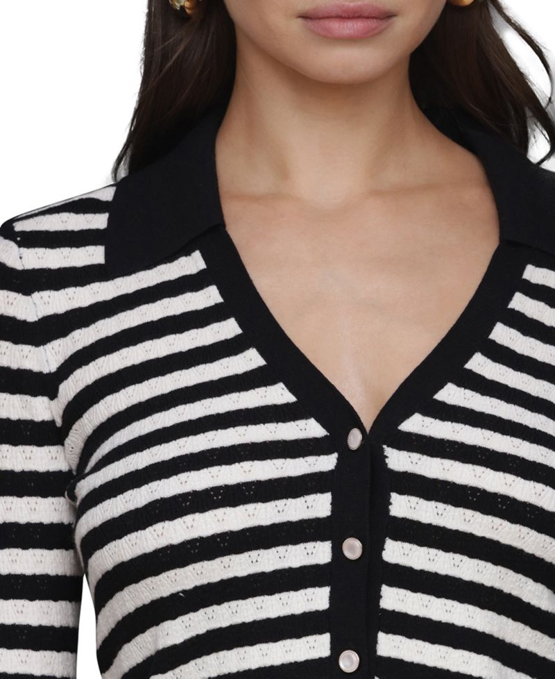 Women's Stripe Polo Long-Sleeve Cardigan Sweater