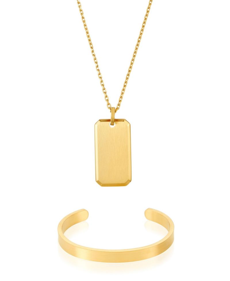 Men's Gold 2-Pc. Dogtag Cuff Bracelet and Necklace Set