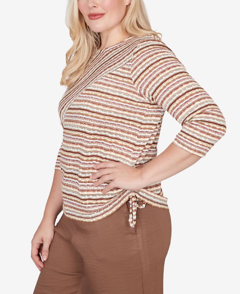 Petite Crewneck Spice Market Spliced Textured Stripe Ruched-Tie Top