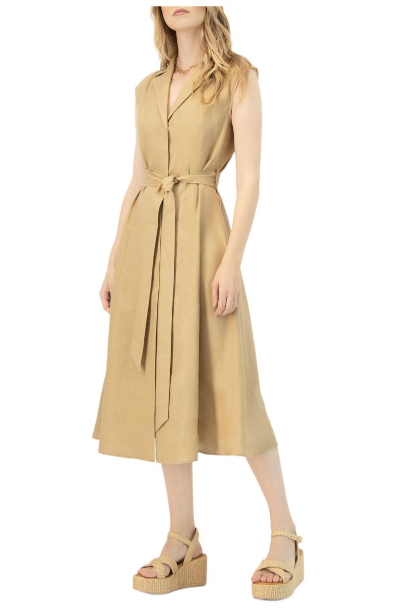Women's Long Linen Dress with Waist Tie