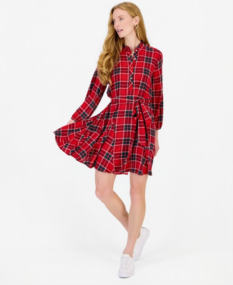Women's Tartan-Print Fit-and-Flare Shirtdress