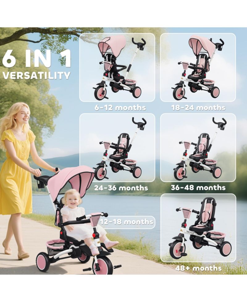 6 in 1 Kids Tricycle with Adjustable Push Handle for 1-5 Years