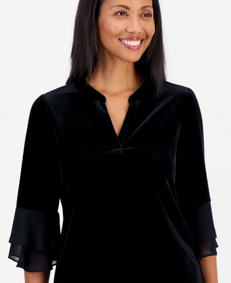 Women's 3/4-Flutter Split-Neck Velvet Blouse