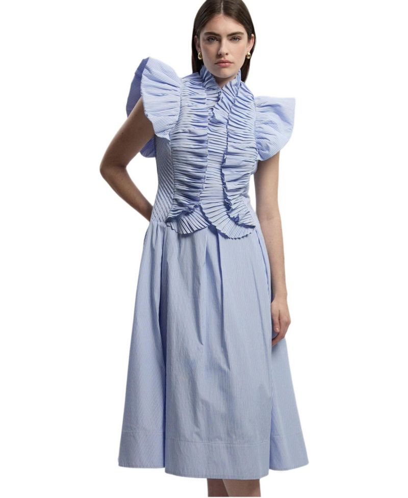 Women's High Neck Pleated Ruffle Midi Dress