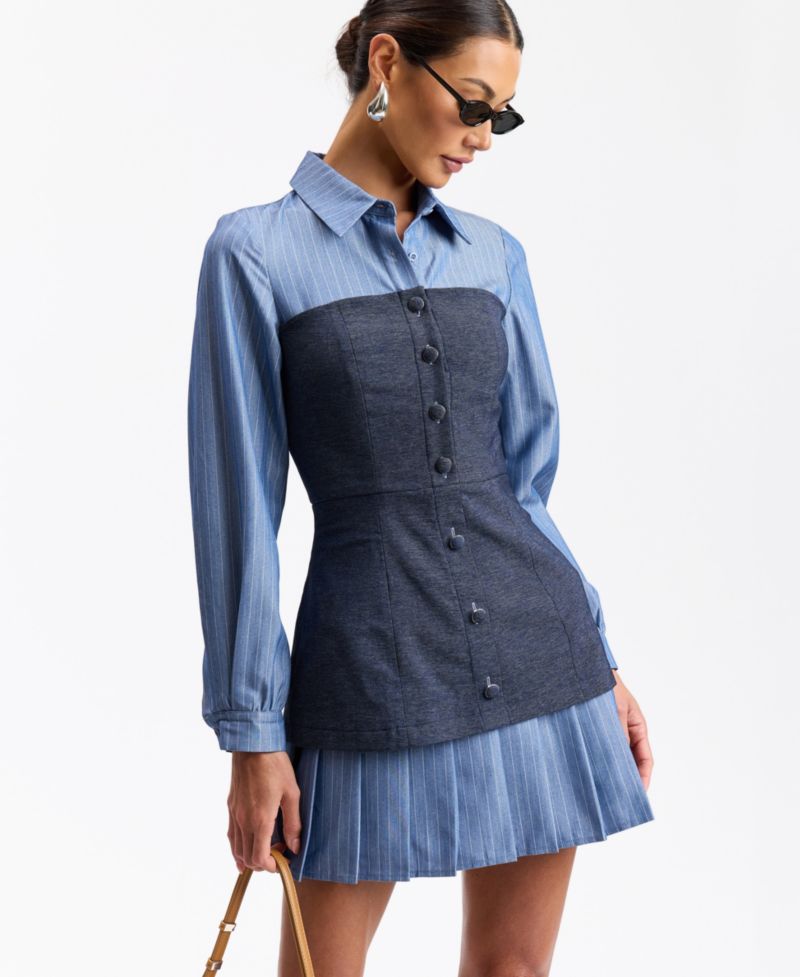 Women's Long-Sleeve Twofer Collared Mini Dress