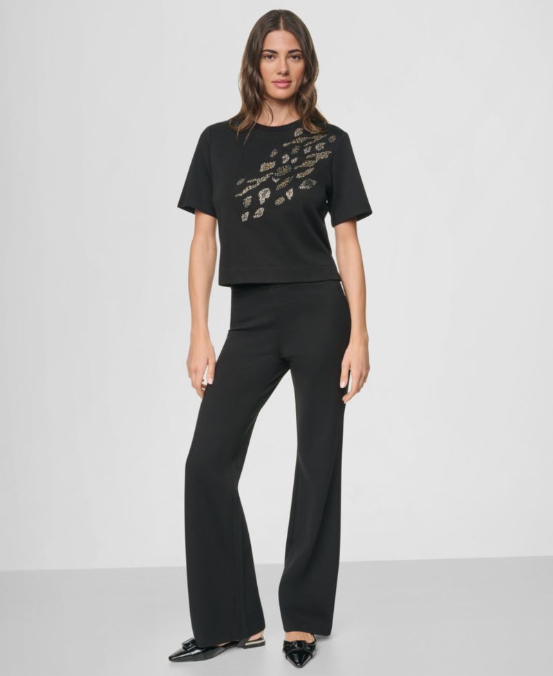 Women's Animal Print Heatset Short-Sleeve Crewneck Cotton Top