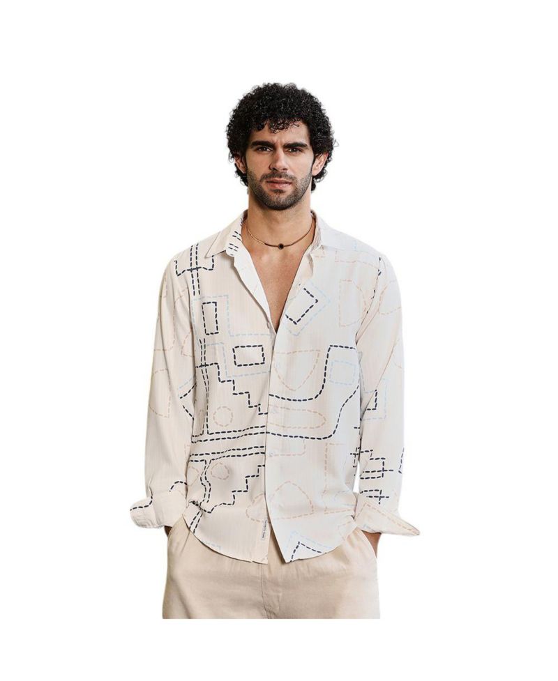 Men's Off-White & Navy Blue Thread-Lines Shirt