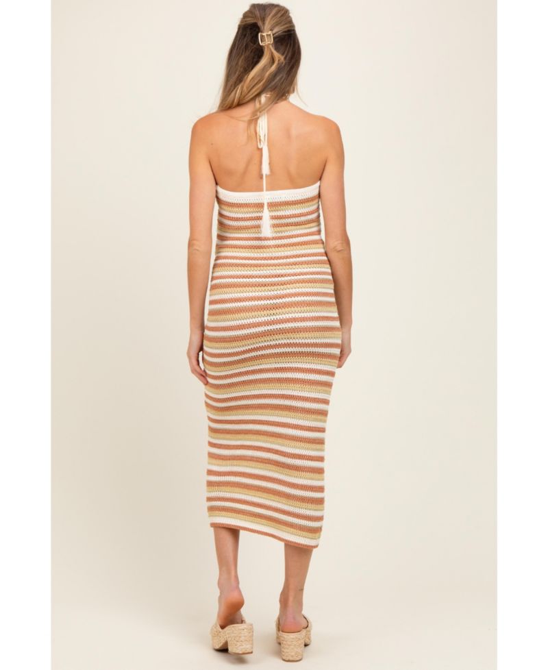 Women's Light Olive Striped Halter Crochet Knit Midi Dress