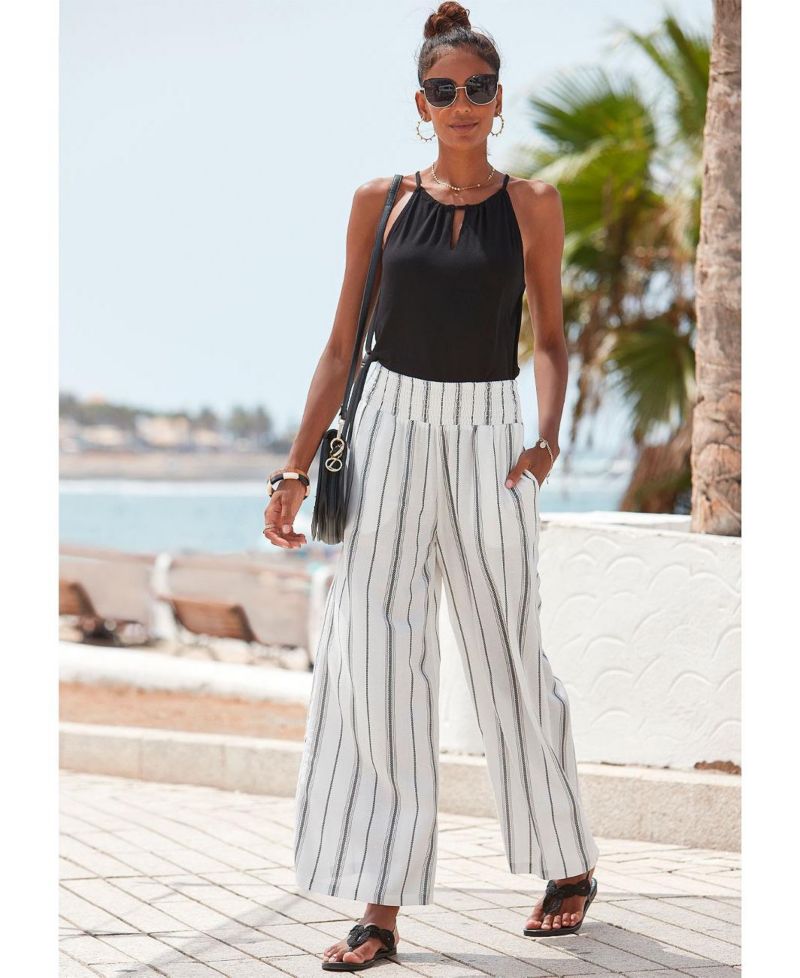 Women's Striped Wide Leg Smocked with Pockets Pants