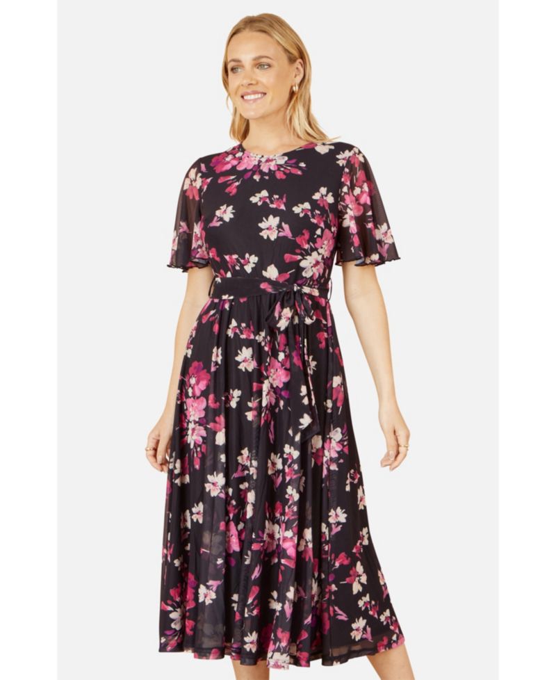 Women's Mesh Skater Floral Midi Dress