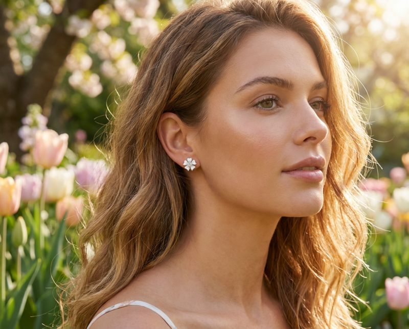 Cat Eye Quartz Heart-Shaped Petals Flower Stud Earrings Silver Plated