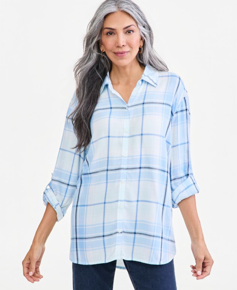 Plus Plaid Oversized Roll-Tab Button-Front Shirt