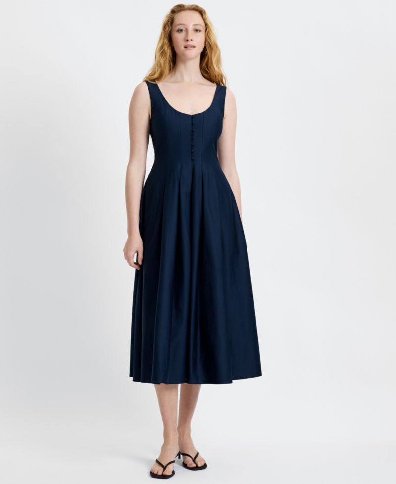Women's Satin Fit And Flare Scoop Neck Midi Dress
