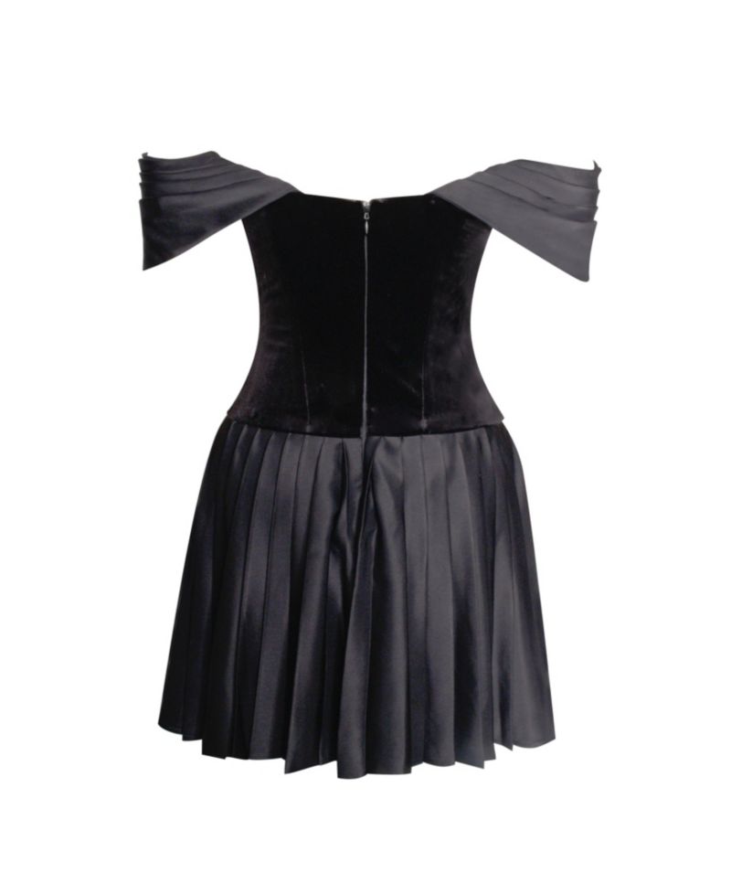 Women's Echo Black Velvet Off-shoulder Pleated Mini Dress