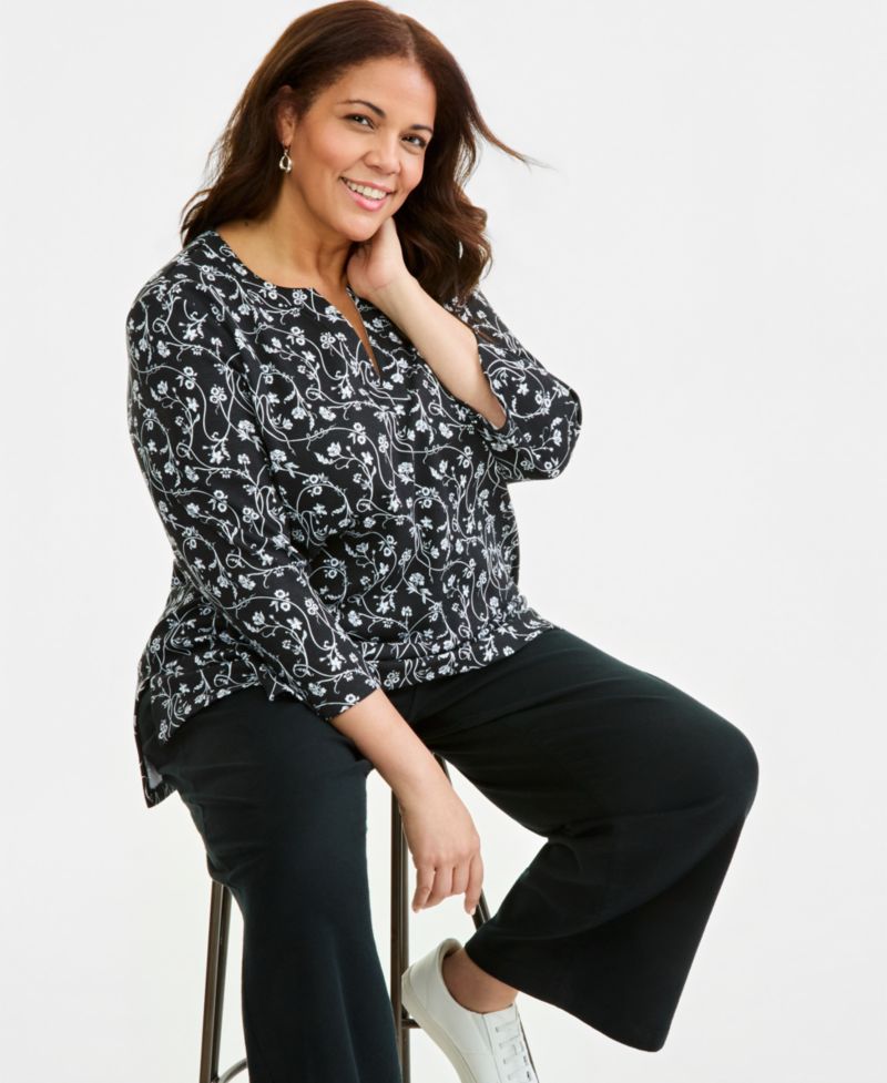 Petite Printed Split Neck 3/4-Sleeve Tunic