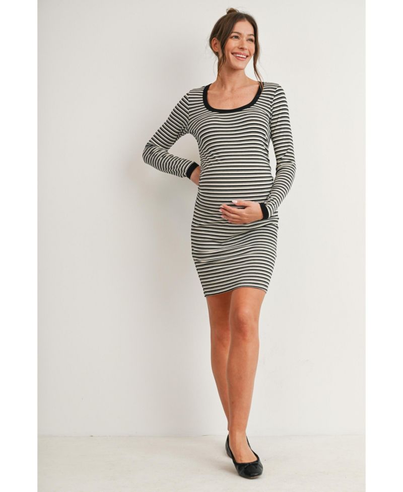 Maternity Long-Sleeve Ribbed Striped Midi Dress
