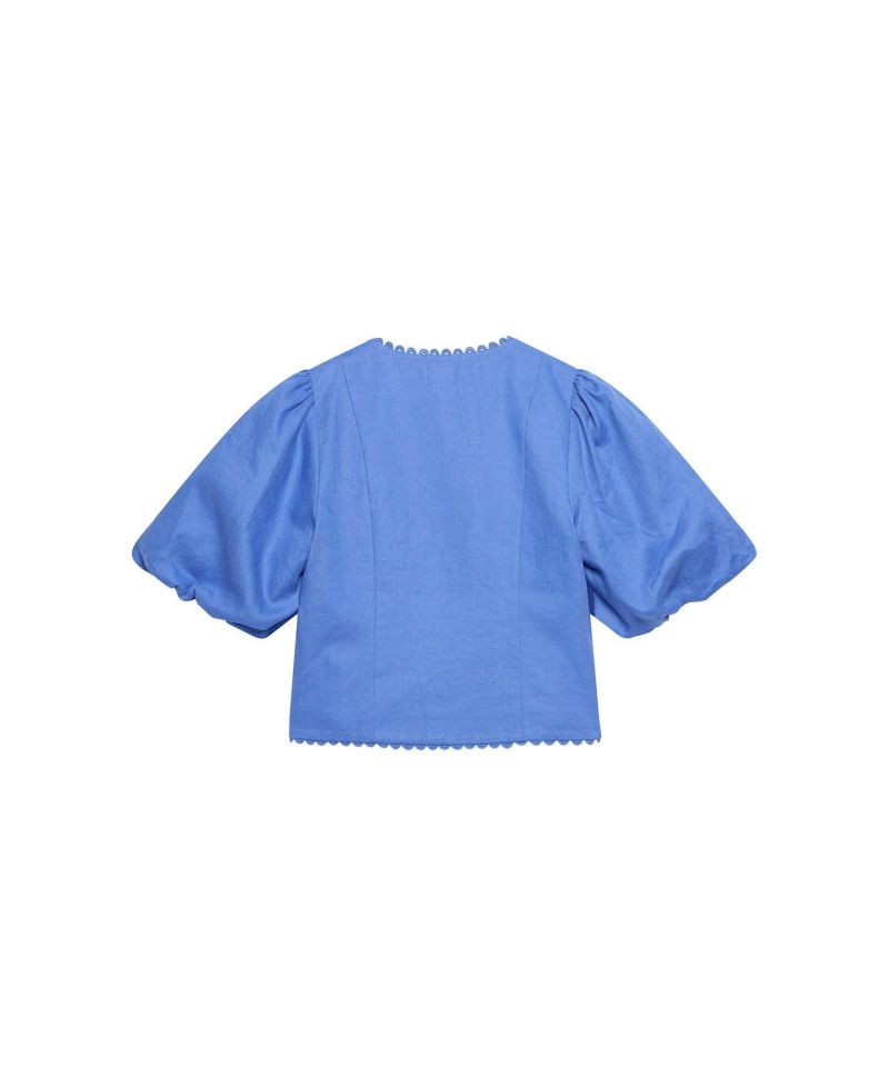 Women's V-Neck Short Puff-Sleeve Scalloped Edge Blouse