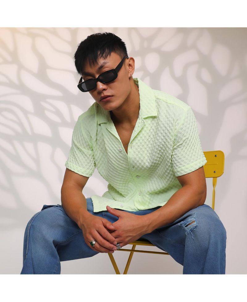 Men's Lime Green Cubic-Textured Resort Shirt