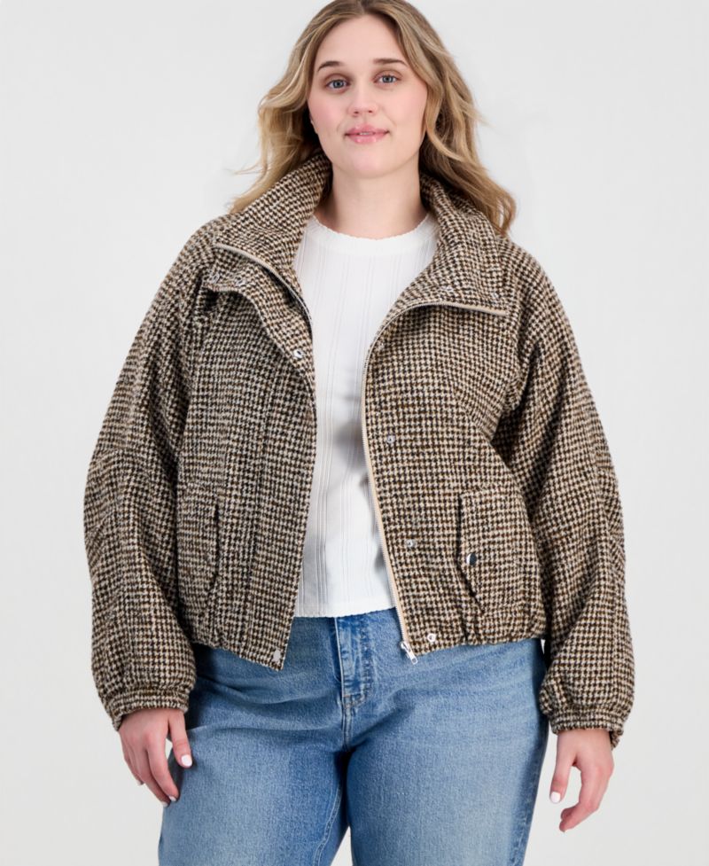 Plus Size Plaid Cropped Puffer Jacket