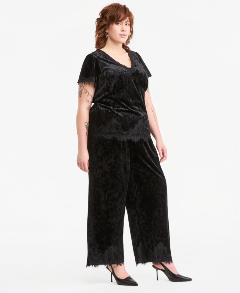Plus Size Velvet Lace-Trim Wide-Leg High-Waisted Pants