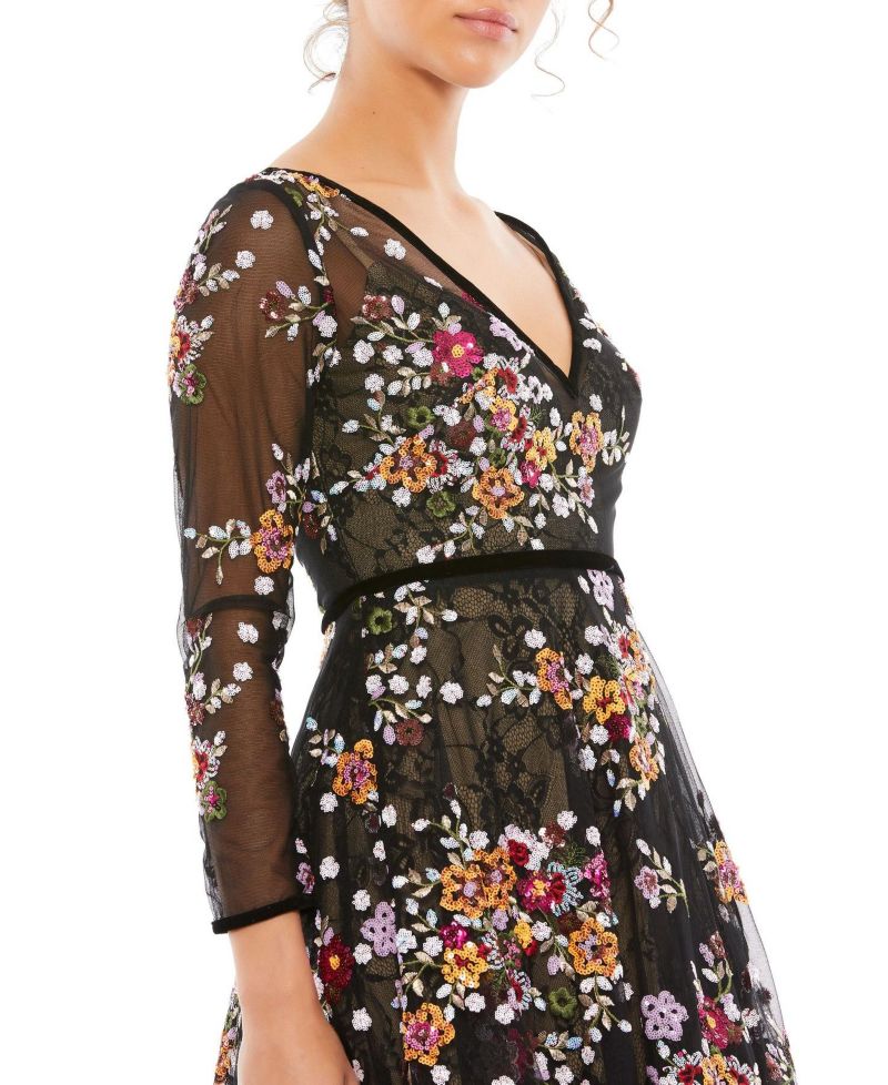 Women's Black Floral Embroidered Tea Length Dress