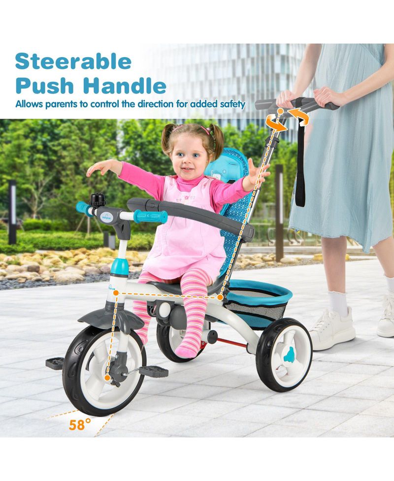 Girls 4-in-1 Tricycle Stroller with Detachable Design and Round Sun Canopy