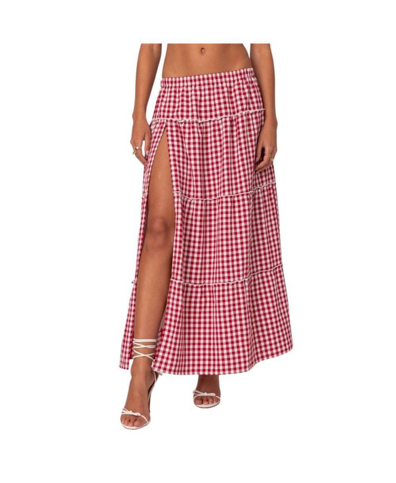 Women's Gingham Side Slit Tiered Maxi Skirt