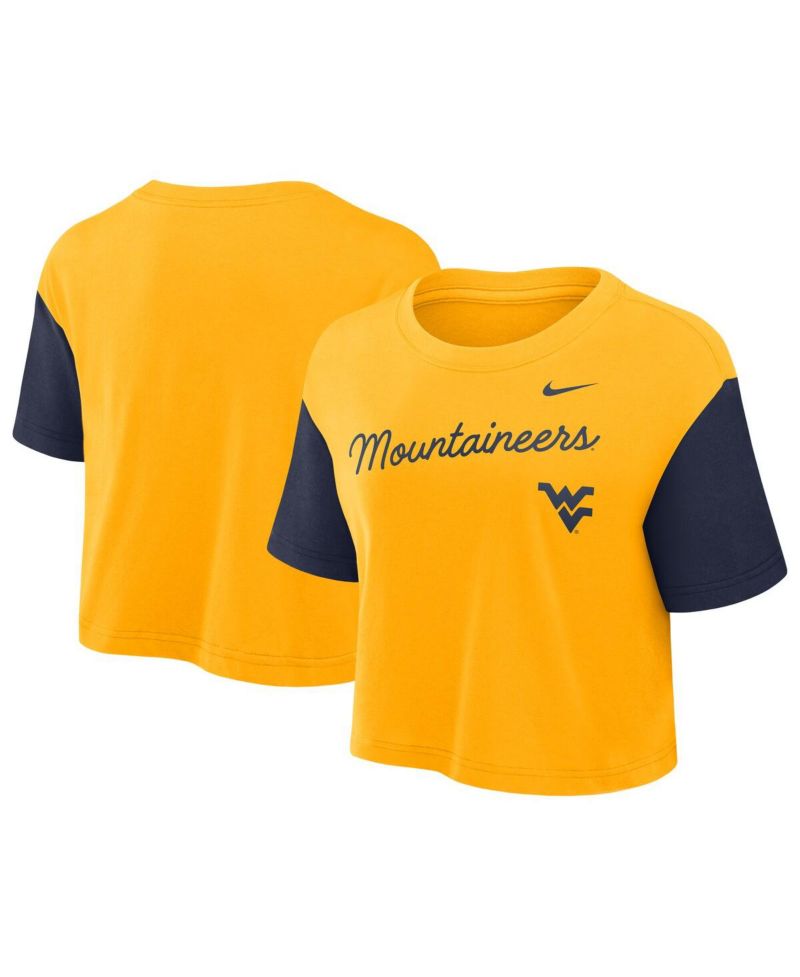 Women's Gold/Navy West Virginia Mountaineers Color Block Script Performance Cropped T-Shirt