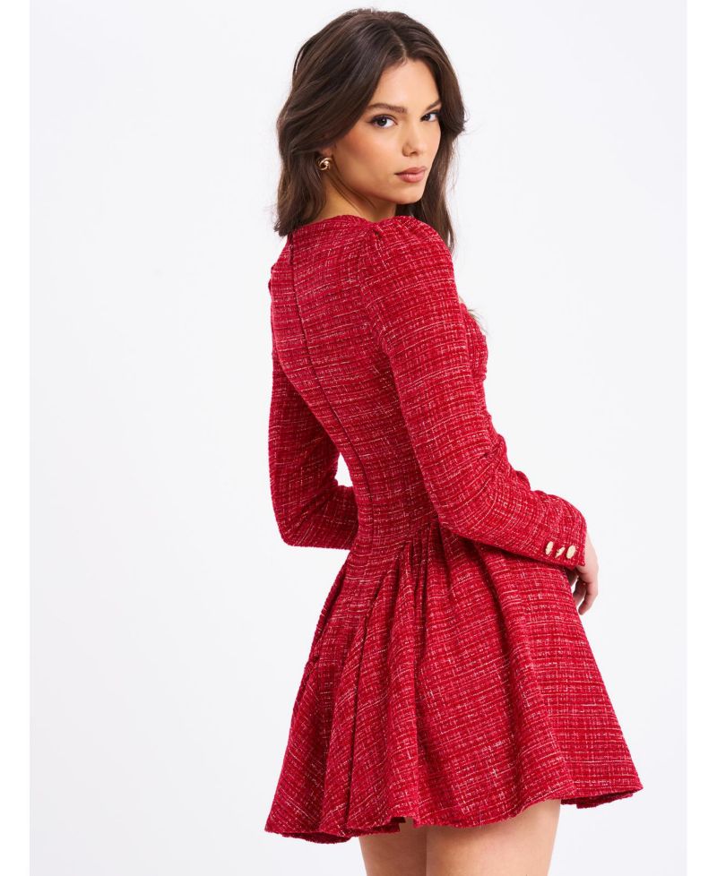 Women's Tae Red Tweed Long Sleeve Drop Waist Mini Dress