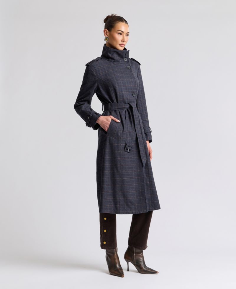 Women's Plaid Funnel Neck Belted Trench Coat