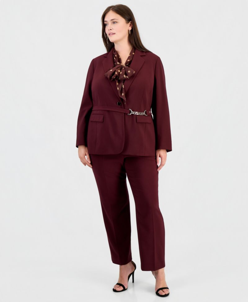 Plus Size Belted Notch Collar Blazer