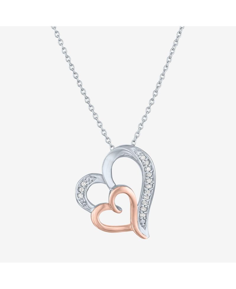 Diamond Double Heart Pendant Necklace in Sterling Silver and 14k Rose Gold (1/10 ct. t.w.)