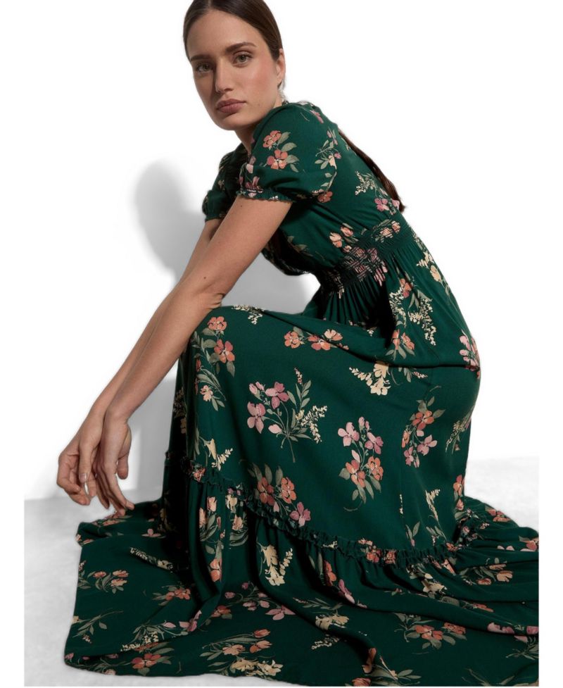 Women's Watercolour Floral Tiered Puff-Sleeve Maxi Dress