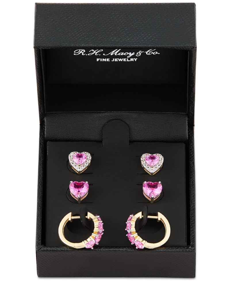 3-Pc. Set Lab Created Pink Sapphire (6 ct. t.w.) & Lab Created White Sapphire (1/2 ct. t.w.) Heart Stud & Small Hoop Earrings 14k Gold-Plated Sterling Silver