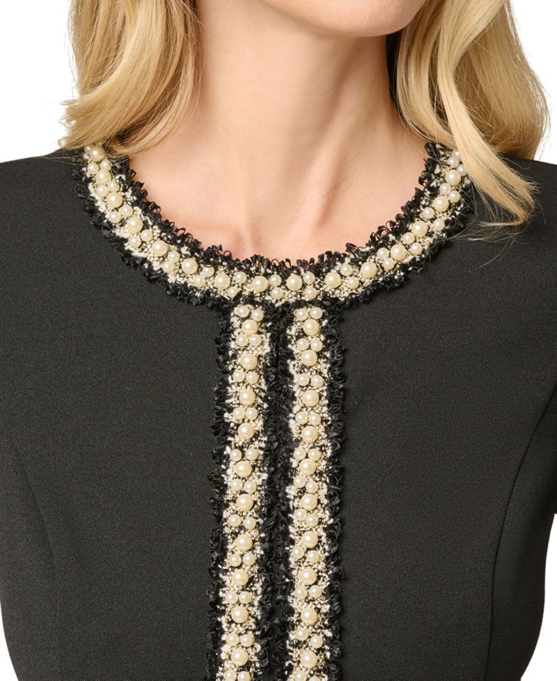 Petite Crewneck Faux-jacket Overlay Crepe Sheath Dress