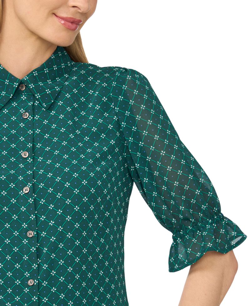 Women's Short-Sleeve Smocked Cuff Geometric-Print Button-Down Shirt